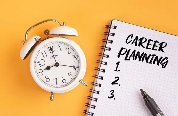 Alarm clock with handwritten Career Planning List on yellow background
