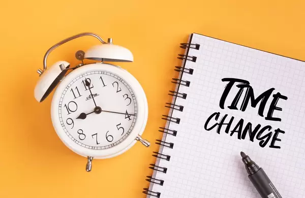 Alarm clock with handwritten text Time Change on yellow background