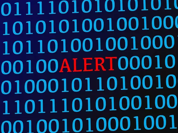 Alert red text between blue binary data on screen