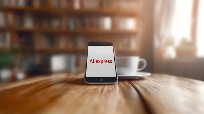Aliexpress-Logo auf Smartphone in rustikaler Büroumgebung