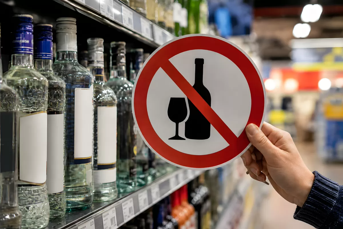 Alkoholverbot-Schild vor Spirituosenregal im Supermarkt