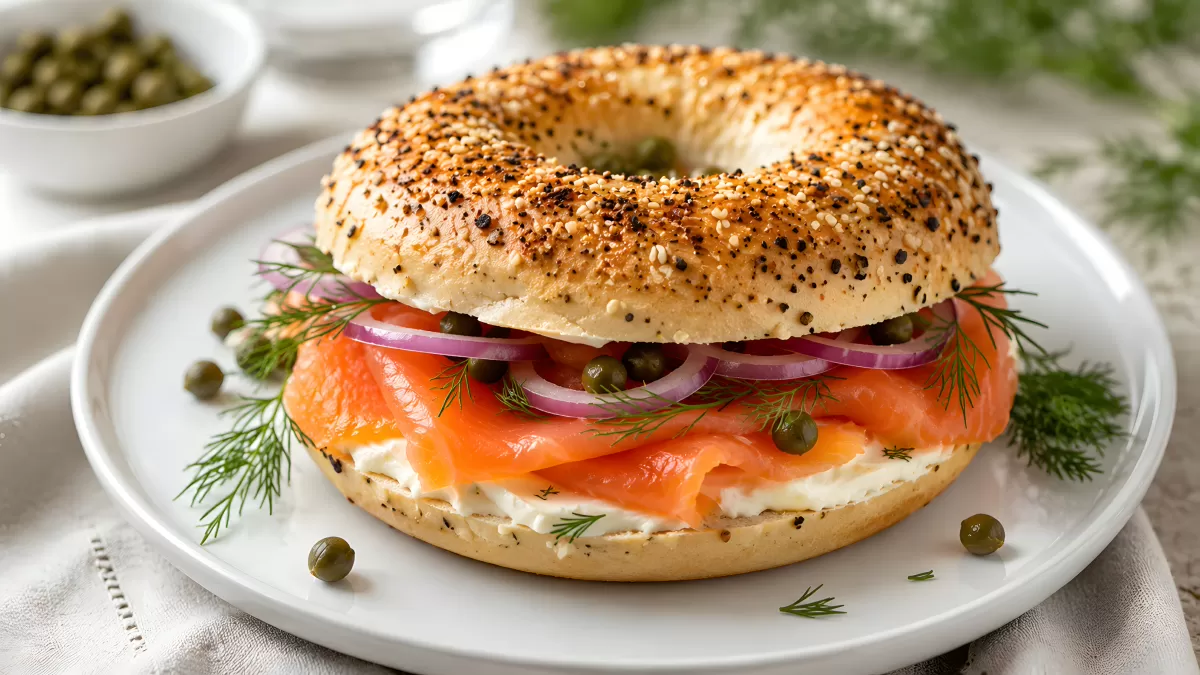 Alles-Bagel mit Räucherlachs, Frischkäse und Kapern