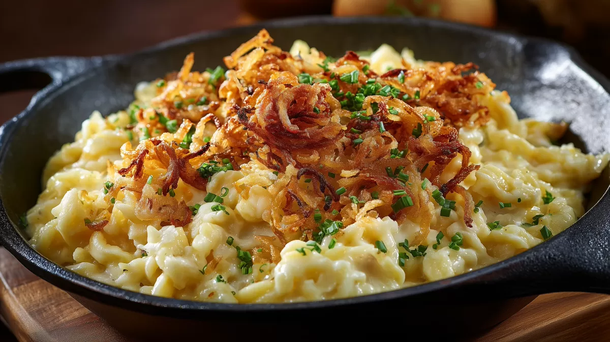 Allgäuer Käsespätzle mit Röstzwiebeln in Pfanne