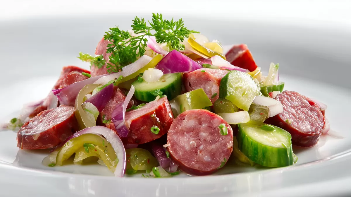 Allgäuer Wurstsalat mit Gurken und roten Zwiebeln