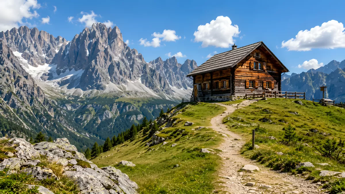 Almhütte in den Dolomiten mit Bergpanorama