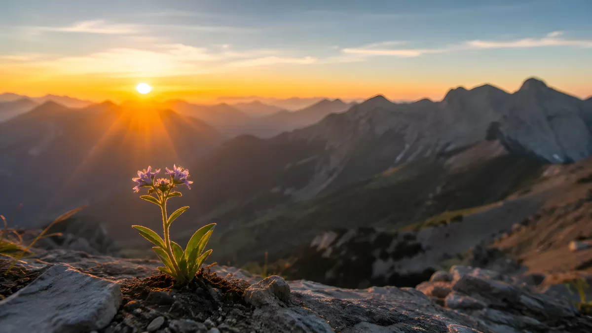 Alpenblume auf Felsen beim Sonnenuntergang im Gebirge
