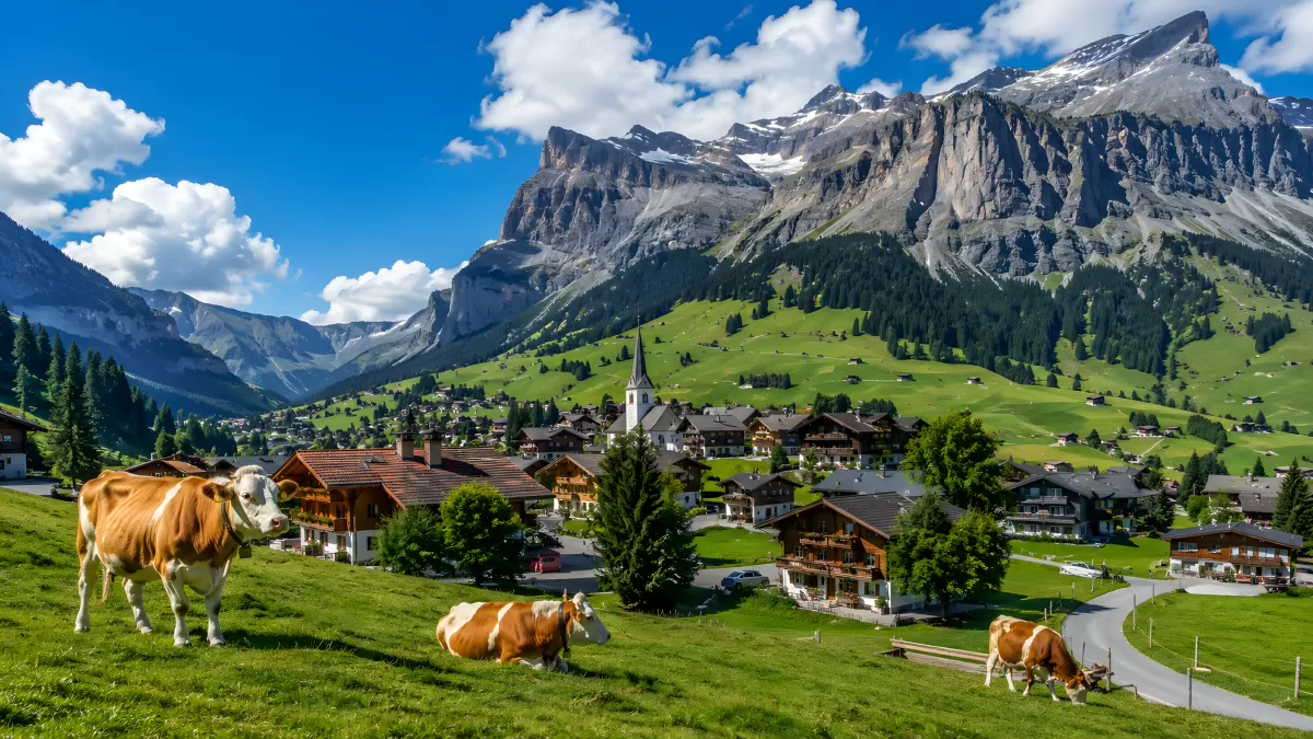 Alpendorf mit Kühen auf grüner Sommerwiese