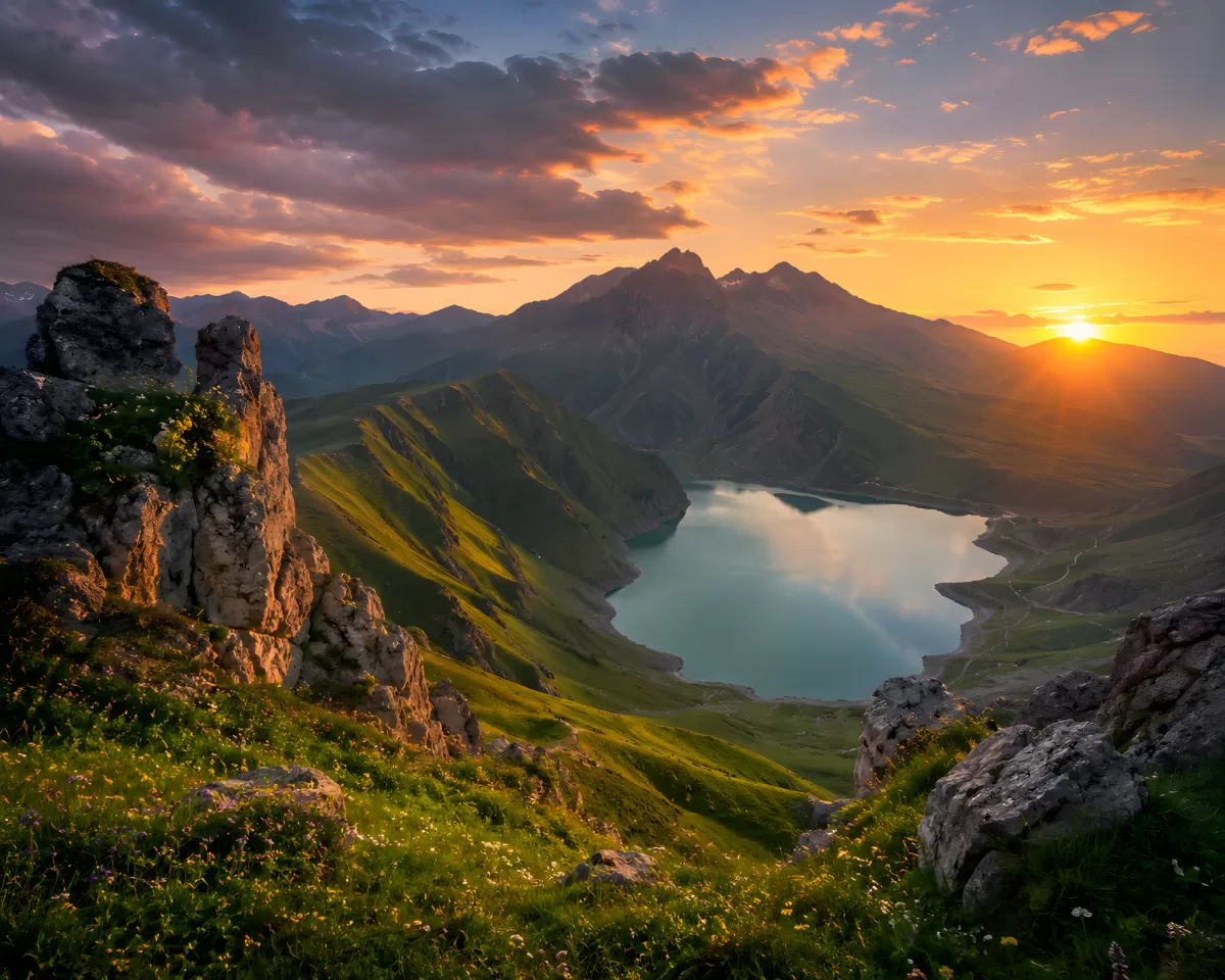 Alpensee im Sonnenuntergang aus Vogelperspektive