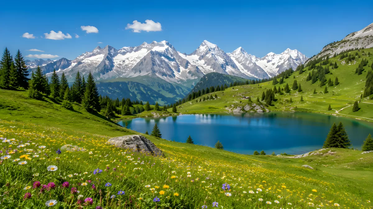 Alpensee mit Blumenwiese und schneebedeckten Gipfeln