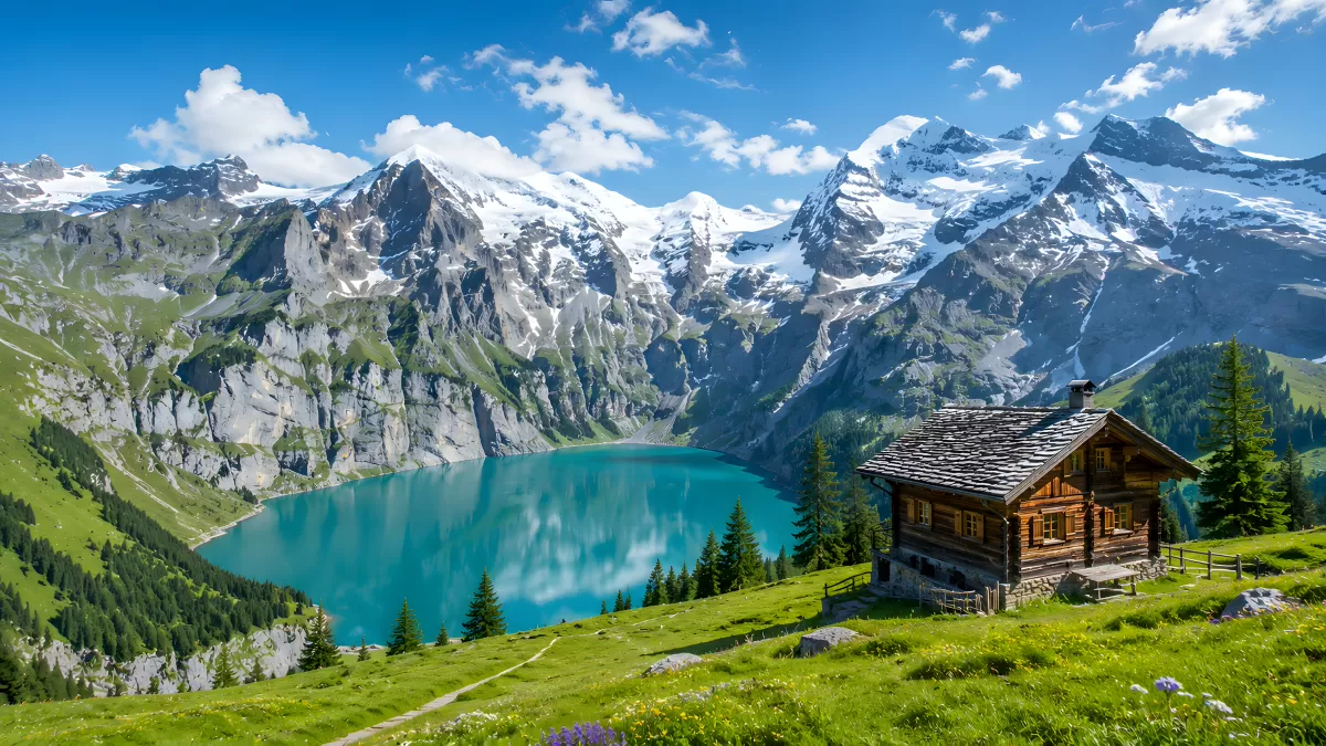 Alpensee mit Holzhütte und schneebedeckten Bergen