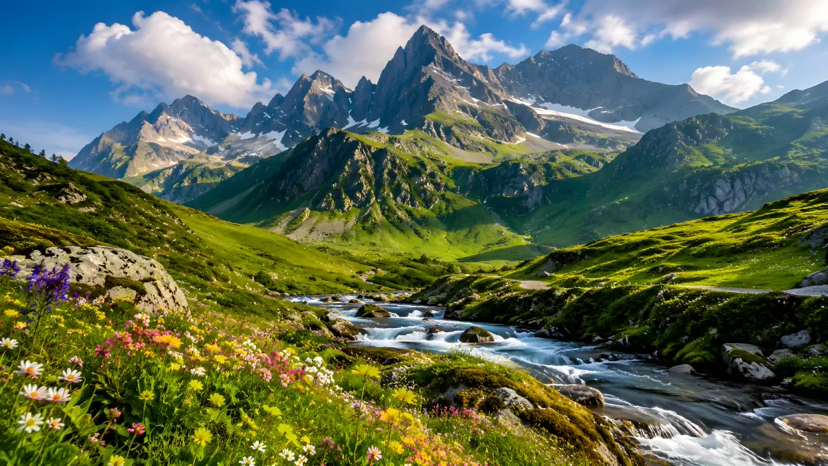 Alpental mit Wildblumen, Bach und Gipfeln im Sommer