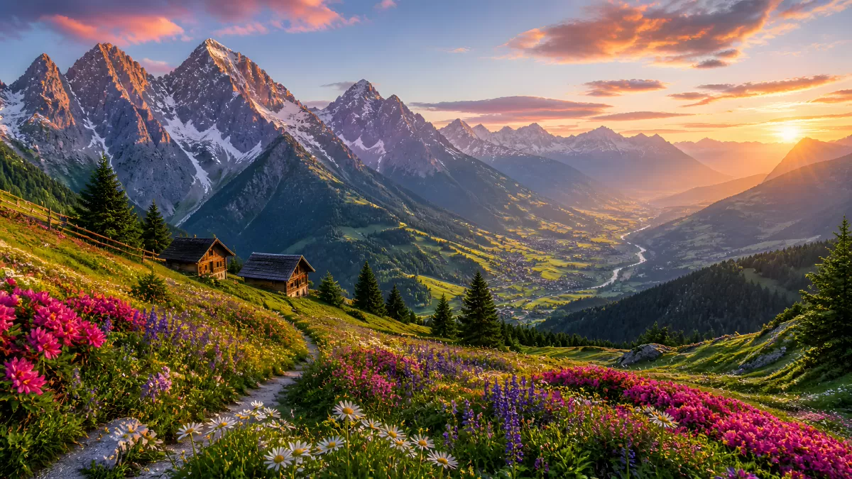 Alpenwiese mit Blumen und Berggipfeln im Sonnenuntergang