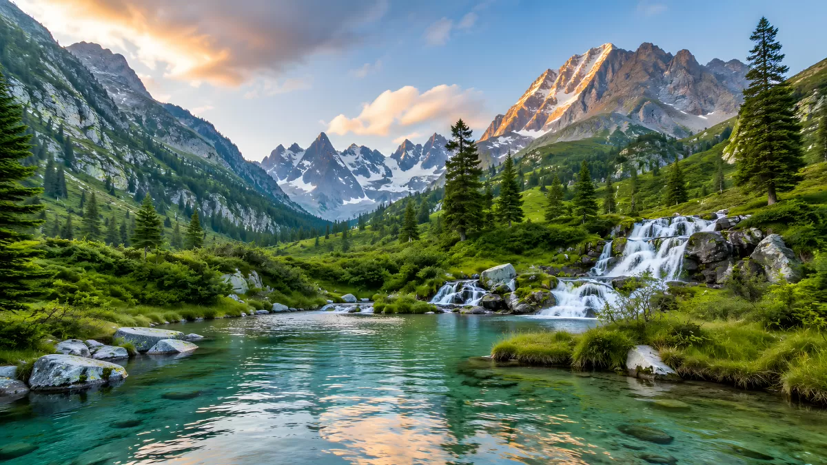 Alpiner Gebirgssee mit Wasserfall und Gipfelpanorama
