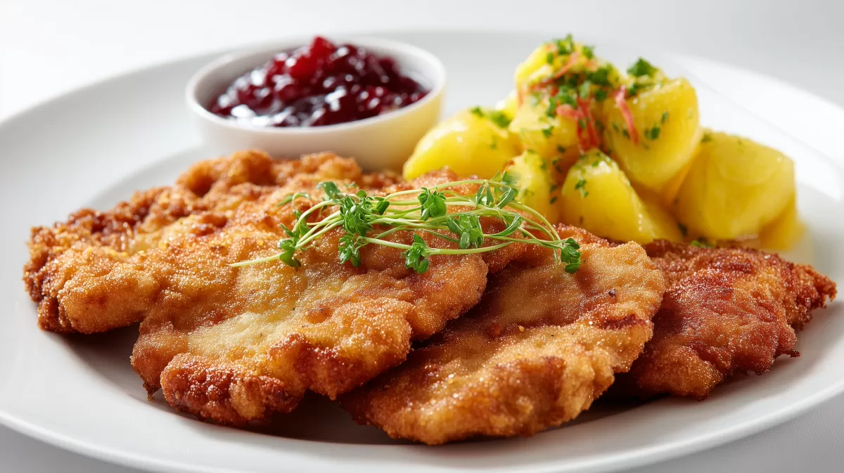 Altbayerisches Schnitzel mit Kartoffeln und Preiselbeeren