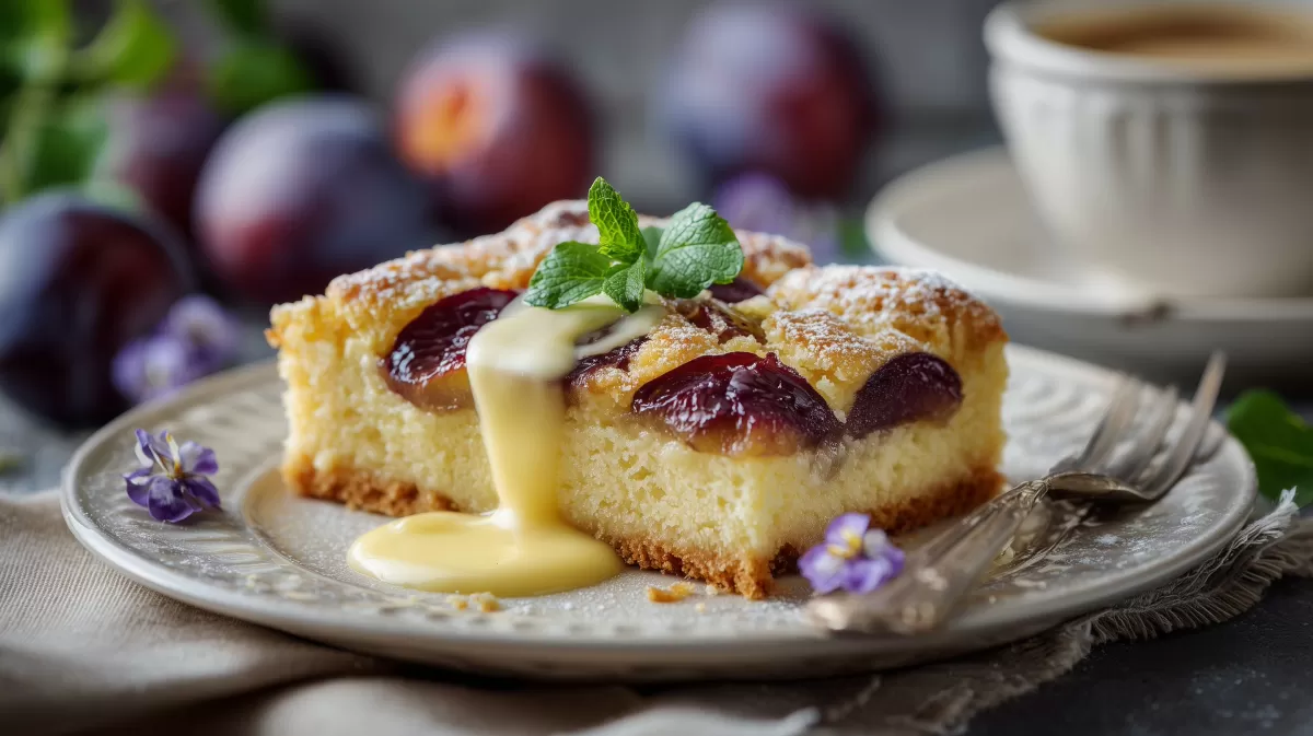 Altdeutscher Zwetschgenkuchen mit Quark und Vanillesoße