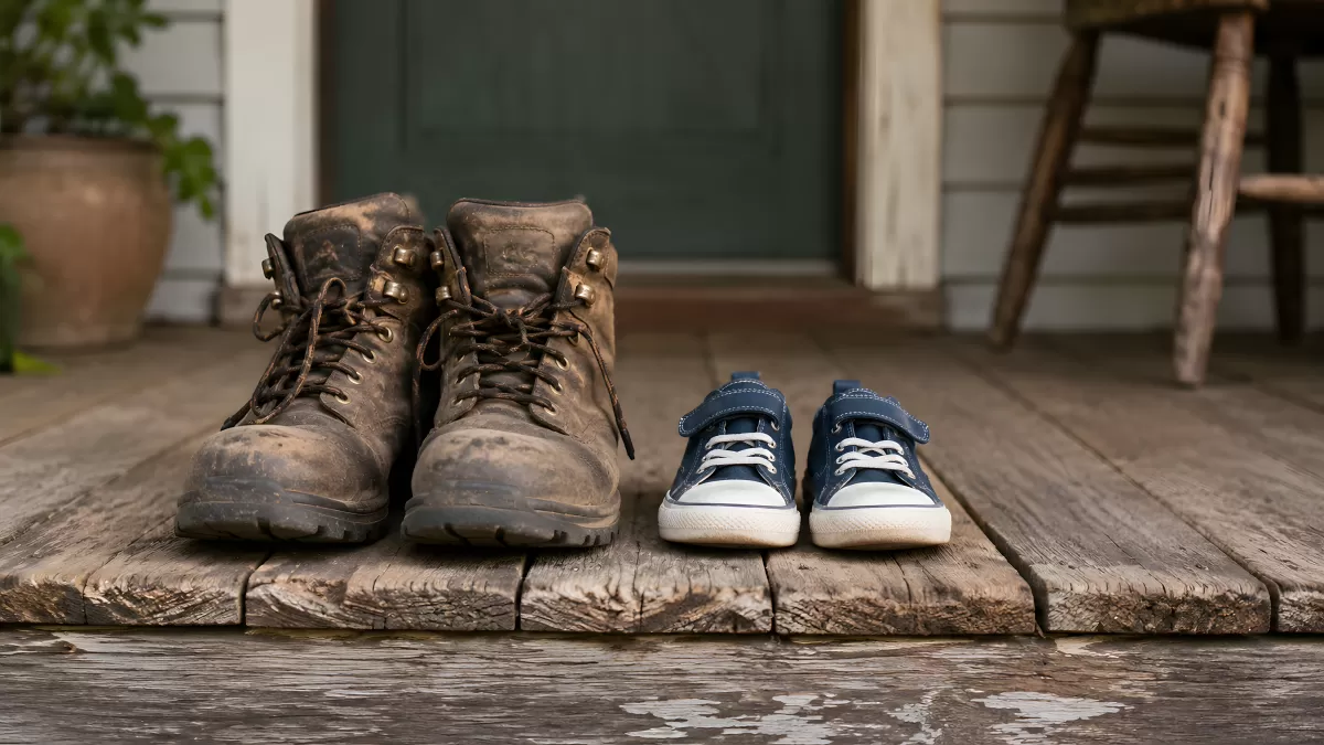 Alte Arbeitsstiefel und kleine Kinderschuhe auf Holzveranda