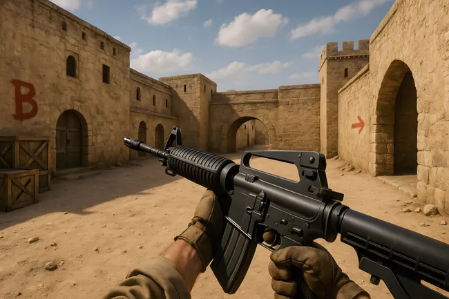 Alte Festungsanlage mit Sturmgewehr in der Ego-Perspektive