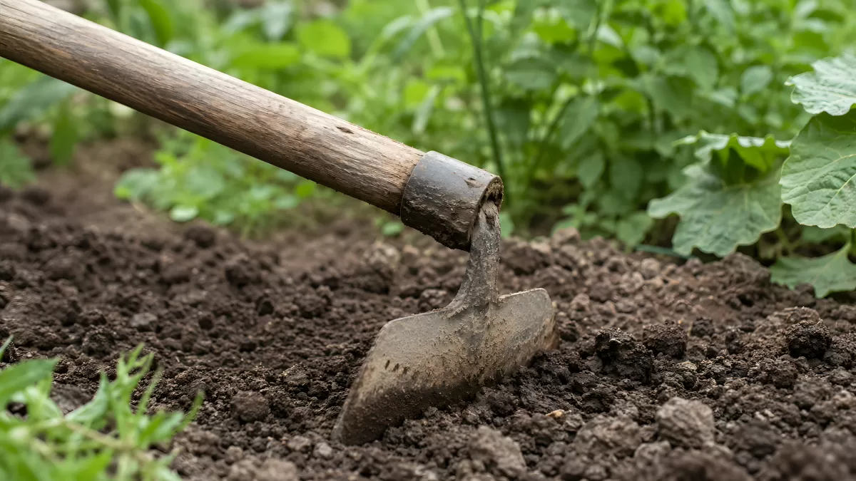 Alte Hacke bearbeitet lockere Gartenerde zwischen Pflanzen
