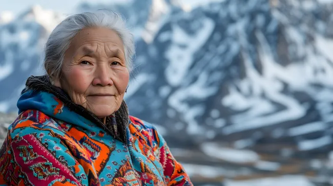 Alte Inuit-Frau in bunter traditioneller Kleidung vor Berglandschaft