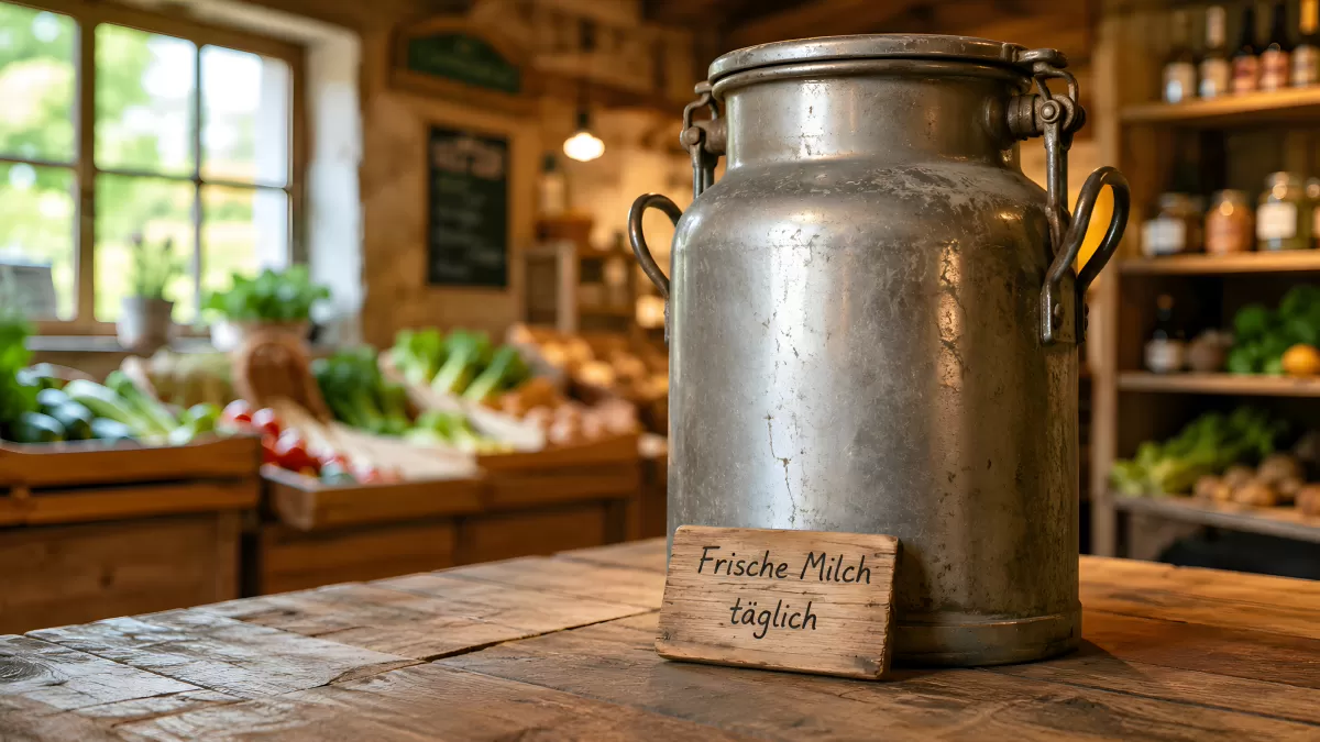 Alte Milchkanne in einem rustikalen Hofladen