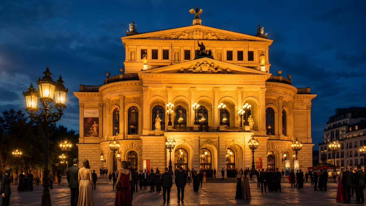 Alte Oper Frankfurt bei Nacht mit festlichem Publikum