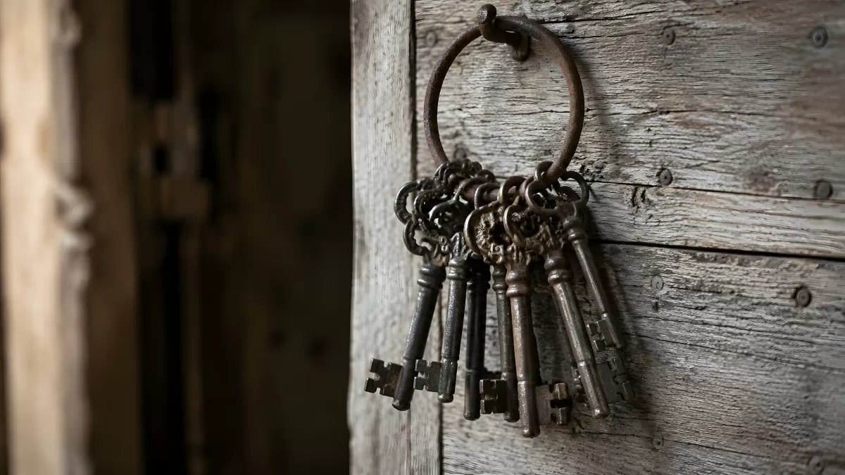 Alte Schlüssel an einem Eisenring an Holzwand