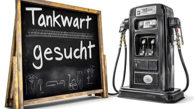 Alte Tankstelle mit Kreidetafel 'Tankwart gesucht'