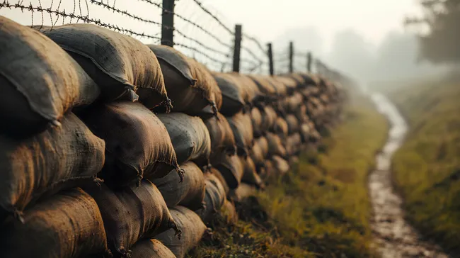 Alte Verteidigungsanlage mit Stacheldraht und Sandsäcken