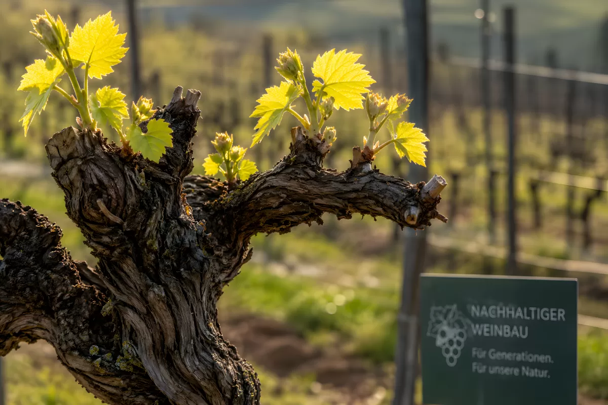 Alte Weinrebe mit frischen Trieben im Frühling