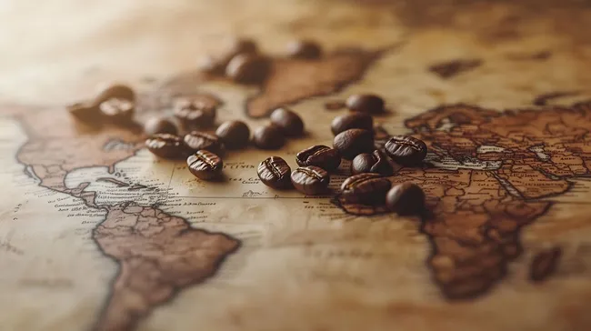 Alte Weltkarte mit Kaffeebohnen - Editoriales Stockfoto