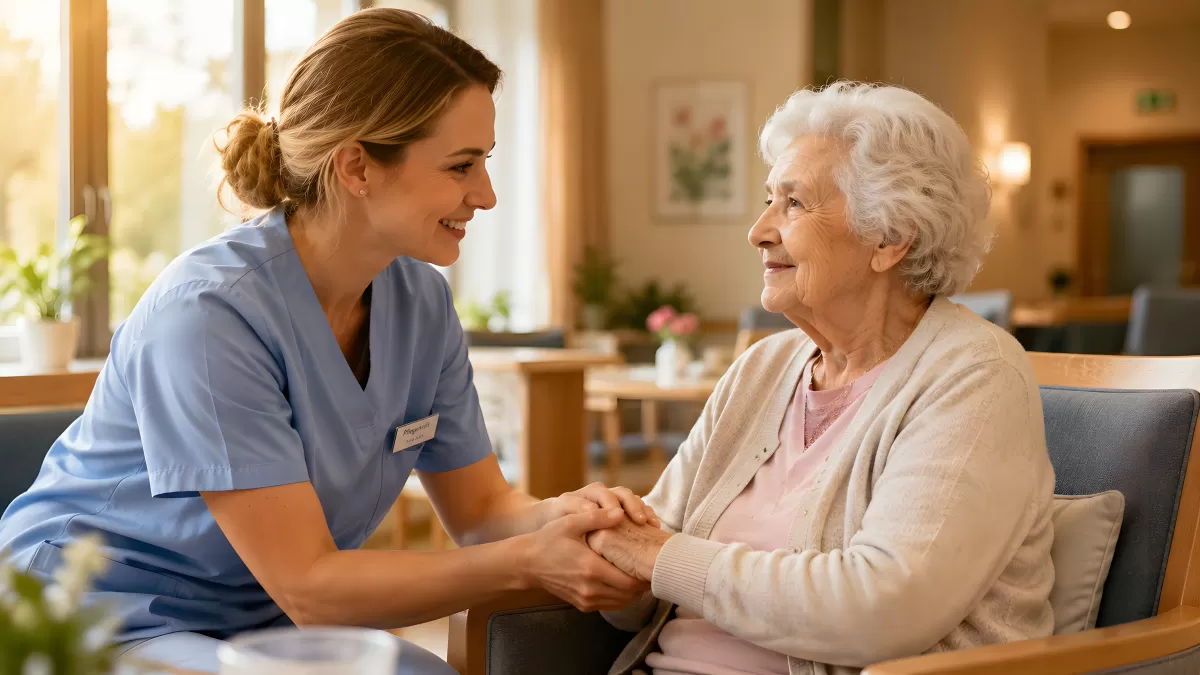 Altenpflegerin hält Hand einer Seniorin im Heim