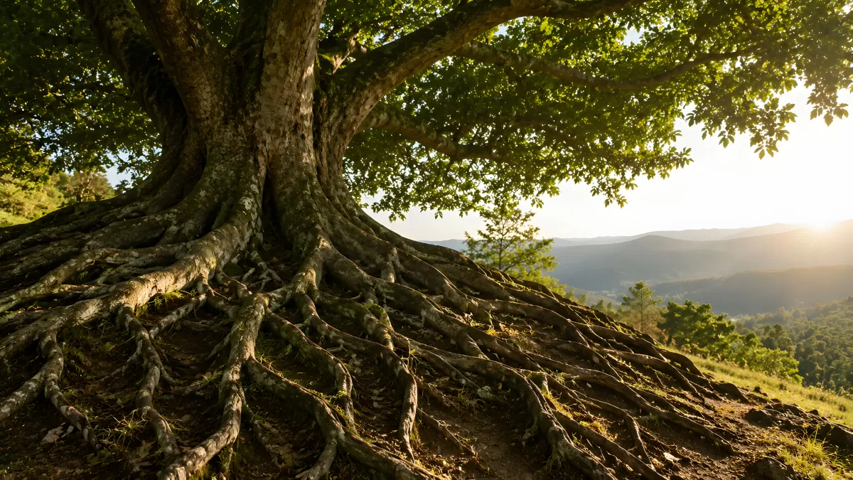 Alter Baum mit freigelegten Wurzeln auf Berghang