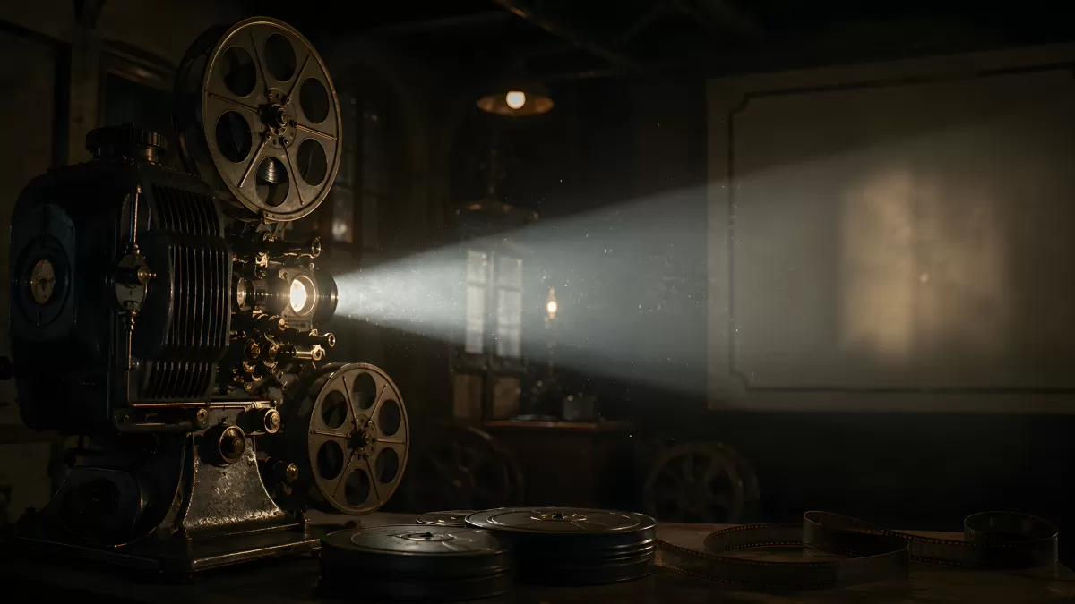 Alter Filmprojektor wirft Lichtstrahl in dunklen Raum