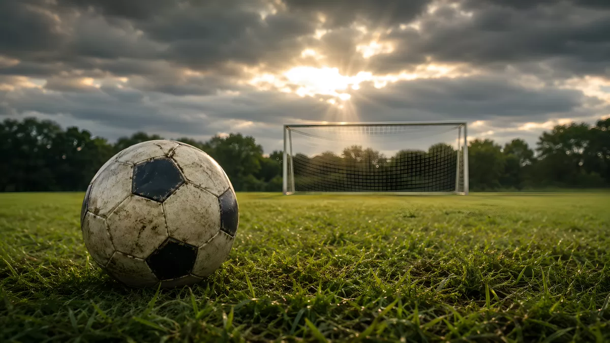 Alter Fußball auf grünem Rasen vor Tor im Abendlicht
