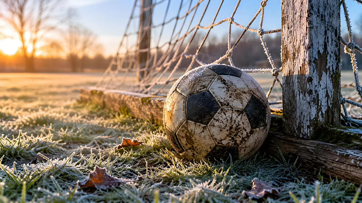 Alter Fußball im Tor bei Frost und Sonnenaufgang