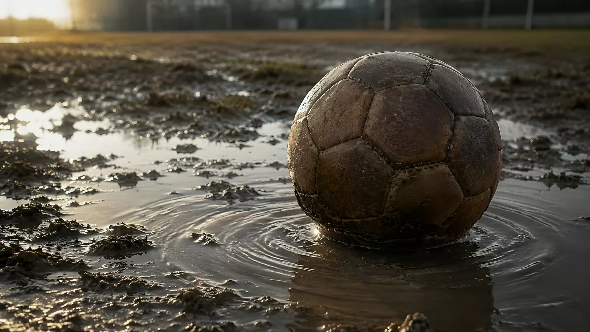 Alter Lederball im Schlamm auf verregnetem Fußballfeld