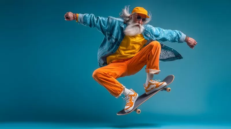 Alter Skater mit Vollbart springt auf Skateboard