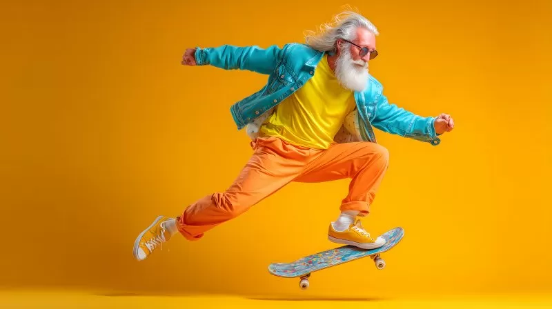 Alter Skater springt dynamisch auf Skateboard vor gelbem Hintergrund