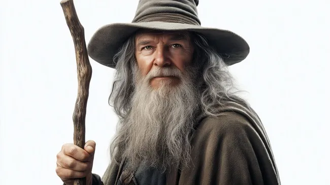 Alter Zauberer mit Stab in Gewand