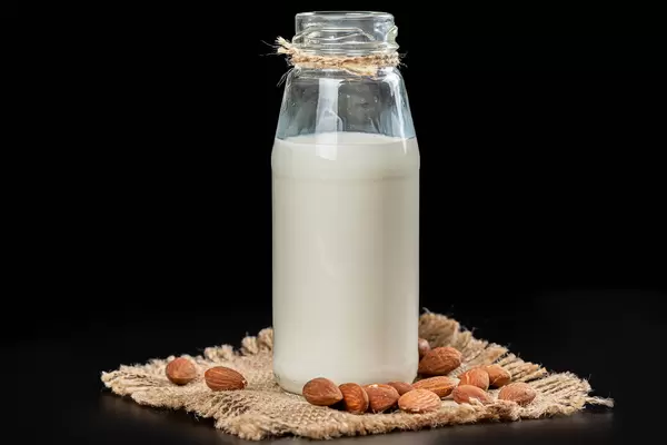 Alternative healthy food concept, almond milk with nuts on a dark background