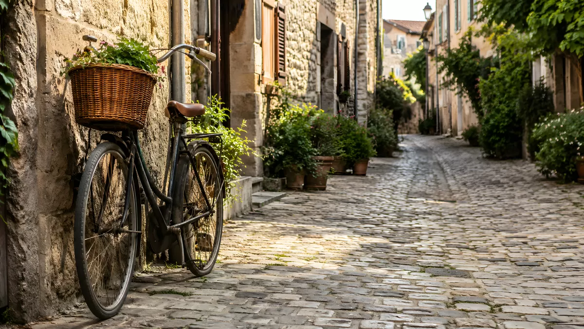 Altes Fahrrad mit Korb in gepflasterter Gasse