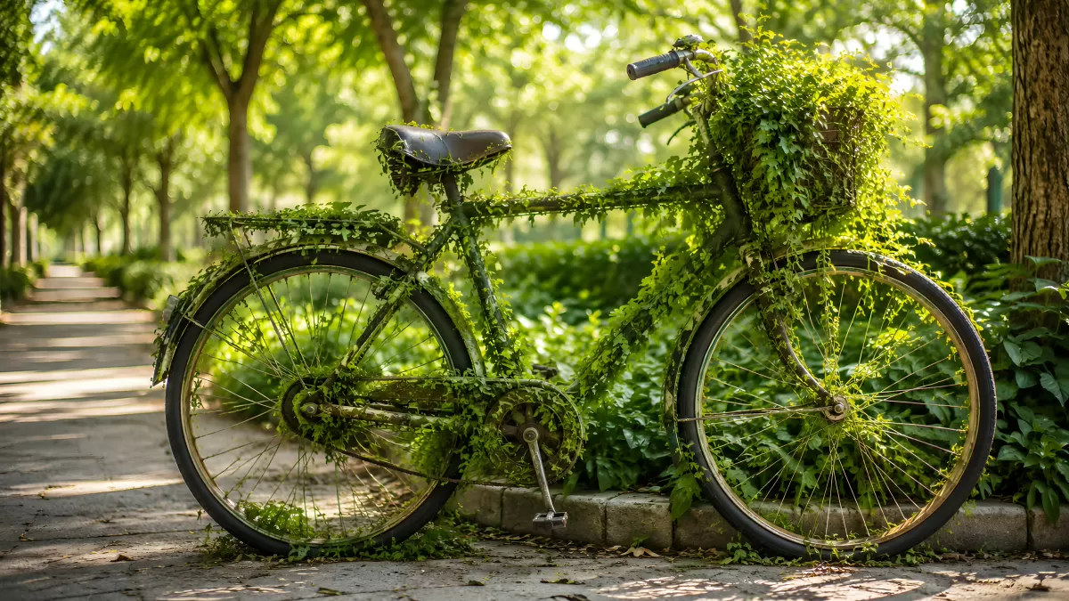 Altes Fahrrad von grünem Efeu überwuchert im Park