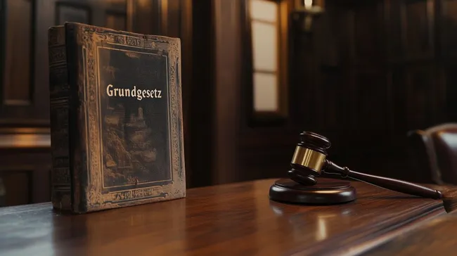 Altes Gesetzbuch und Richterhammer auf Holztisch