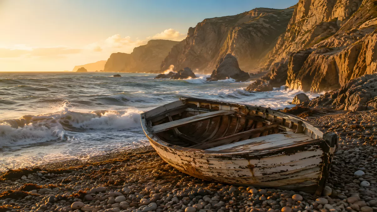 Altes Holzboot am Felsstrand bei goldenem Sonnenuntergang