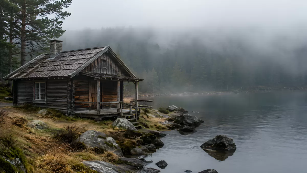 Altes Holzhaus am nebligen Bergsee im Wald