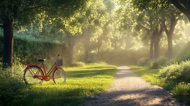 Altes rotes Fahrrad in idyllischer Waldlandschaft