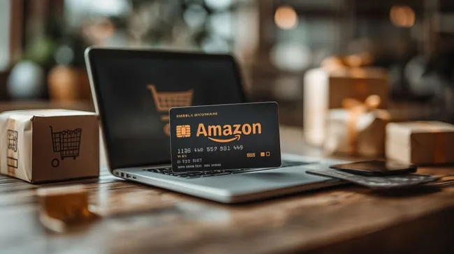 Amazon Kreditkarte auf Laptop - Ecommerce Konzept