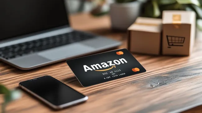 Amazon-Kreditkarte neben Laptop und Smartphone für Online-Einkäufe