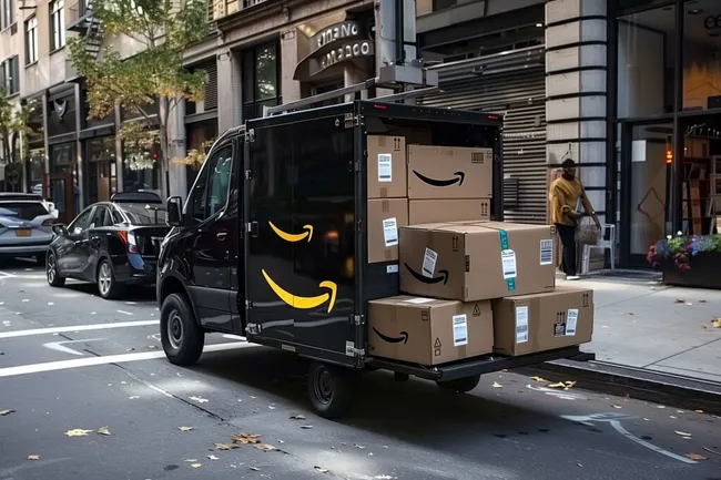 Amazon-Lieferfahrzeug mit Paketen in der Innenstadt