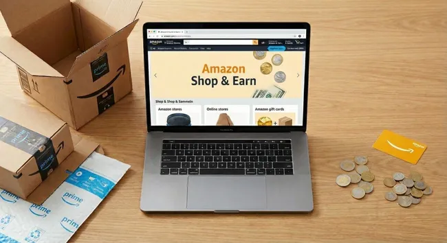 Amazon-Online-Shop mit Paketen, Münzen und Laptop